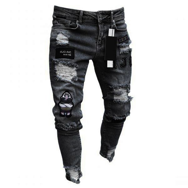 

men's jeans destroyed slim fit straight leg patchwork embroidered ripped jeans pants with broken holes and patches pants, Blue