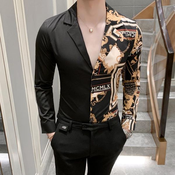 

men's social shirt white long sleeve luxury gold printed dress shirt casual slim fit male black patchwork fashion vintage, White;black