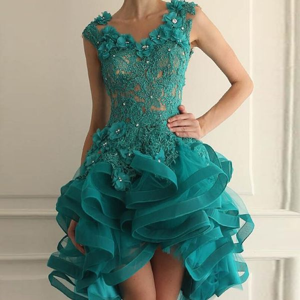

charming green mini v neck prom dresses lace ruffle flowers illusion back party short evening dresses custom made, Black