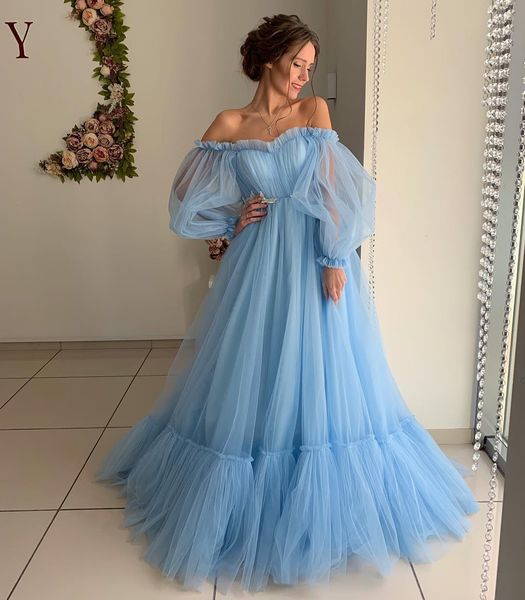 

light sky blue appliqued prom dresses off the shoulder long sleeves evening gowns a line plus size floor length tulle formal dress, Black