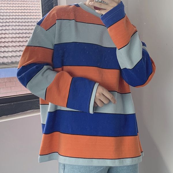 

2019 men's thickening stripe printing loose coats round neck hoodies long sleeve pullover cotton clothes casual sweatshirts, Black
