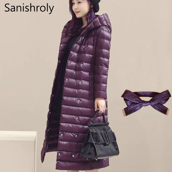 

sanishroly s-3xl women white duck down jacket sashes ultra light down coat parka female hooded long outerwear plus size 257, Black