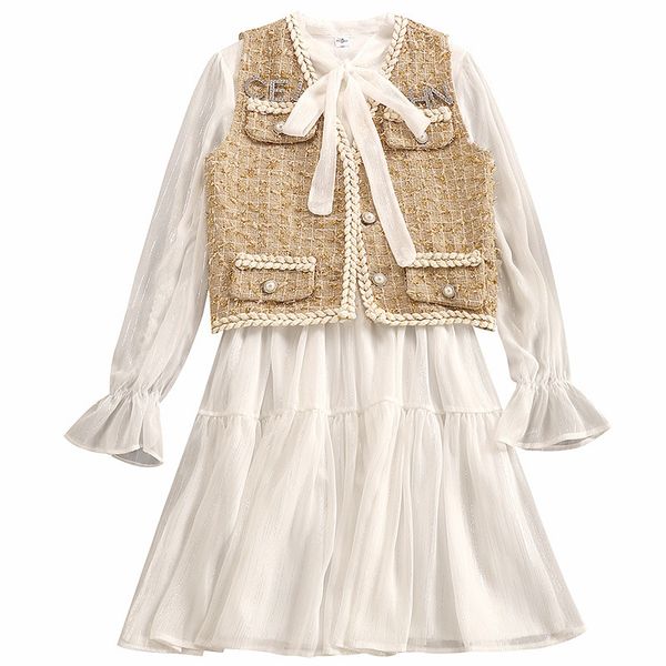 

autumn new 2019 small sweet brim tweed jackets vest cardigan + flare sleeve tie bow chiffon dress suit female, White