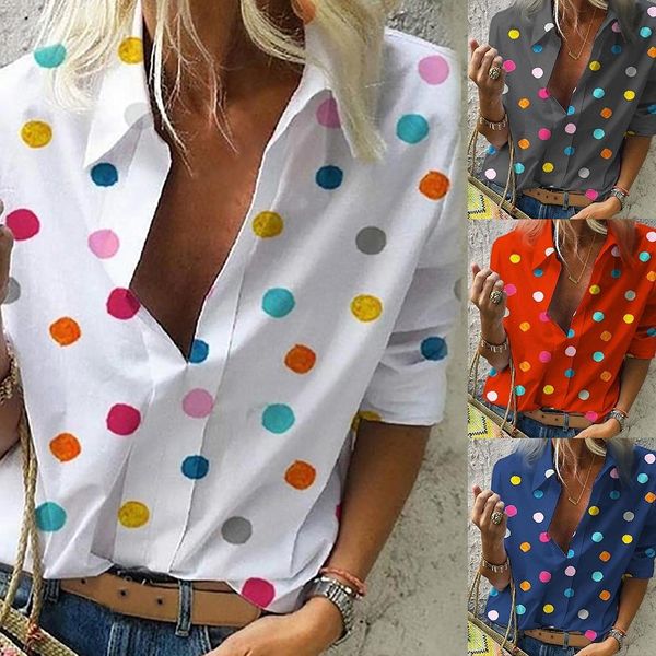

women colourful dot print blouse women office style casual long sleeve polka shirt and blouses v neck slim shirts, White