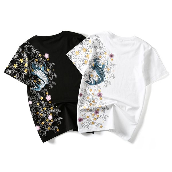 

summer japanese tide brand chinese wind carp embroidery national wind personality loose big yards short sleeve t-shirt male cotton