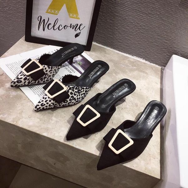 

shallow pointed toe thin heels low leopard shoes flock heeled mules ladies' slippers luxury slides high designer soft sexy, Black