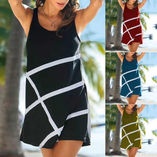 

summer dress 2019 fashion fashion women summer o-neck sleeveless cross line print casual beach mini dress vestidos de festa 38, Black;gray