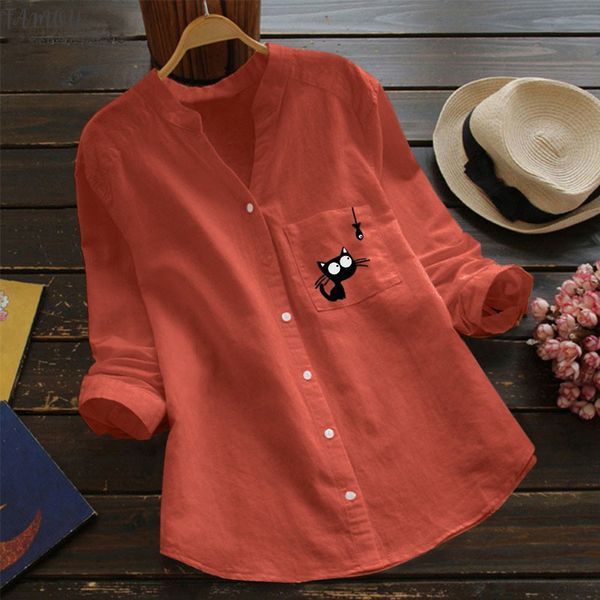 

funny cat fish blouse women cotton linen printed down shirt long sleeve stand collar blouse chemisier femme women blouses, White