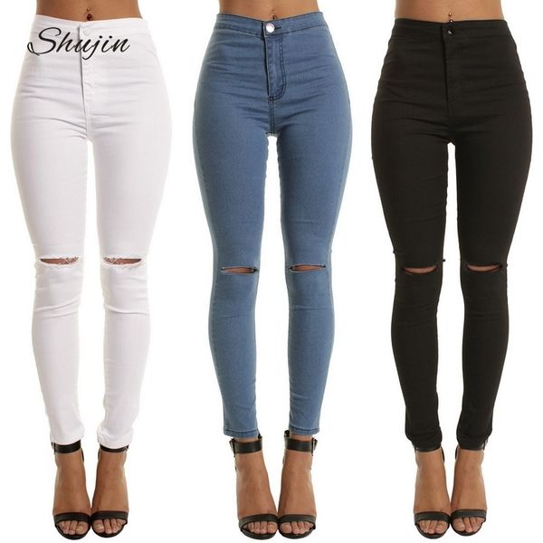 Shujin Yüksek Bel Rahat Skinny Kot Kadınlar Için Delik Vintage Kızlar Ince Yırtık Denim Kalem Pantolon Yüksek Esneklik Siyah Mavi MX190712