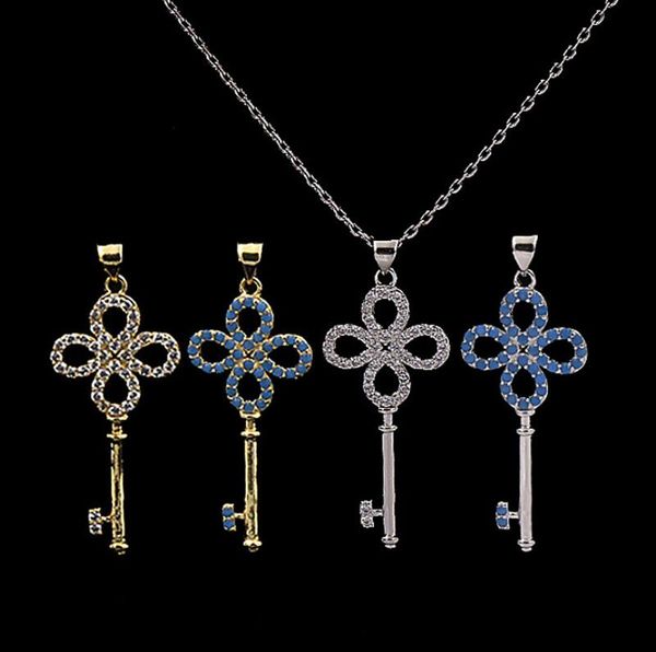 

exquisite copper micro-set four-leaf flower white diamond blue turquoise key necklace love jewelry, Golden;silver