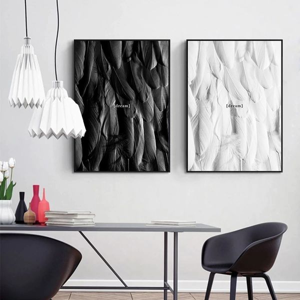 

black and white dream feather wall canvas painting abstract wall pictures for bedroom minimalist nordic poster painting modern