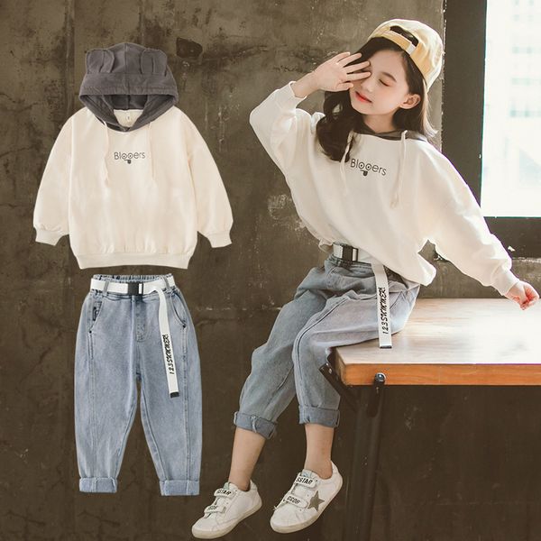 

spring 2020 kids girls clothes set hooded sweatshirt & loose jeans pants 10 12 y 2pcs suits teenage tracksuits children clothing y200325, White