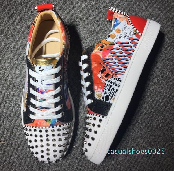 

2020 classic brand designer mens red bottoms shoes studded spikes low flats casual sneakers for men wedding party dress leather c25, Black