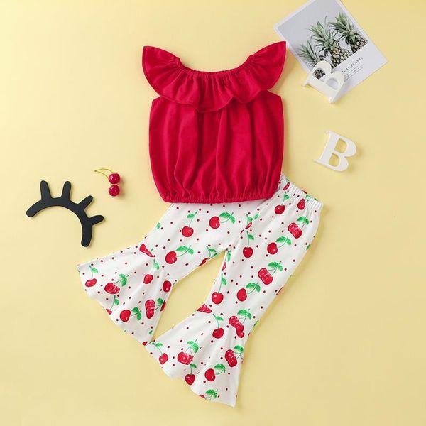 

fashion infant toddler girls clothes set ruffles sleeveless solid +fruit print flare pants outfits kids clothes set roupas, White