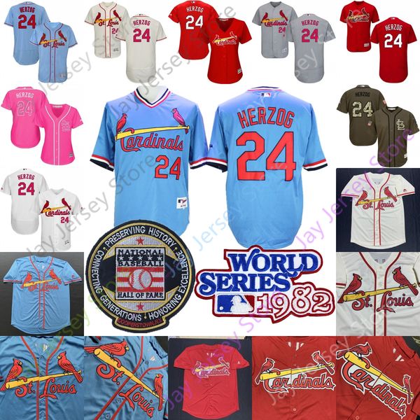 

Whitey Herzog Jersey 1982 World Series WS With Hall Of Fame Patch St. Louis Baseball Cardinals Jerseys Cooperstown MN Cream Blue Home Away M