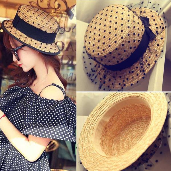 

lace mesh dots bow straw hats 2019 new spring women's organdy sun hat solid sunmmer beach female sun hat, Blue;gray