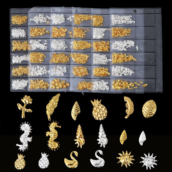 

6 designs/pack fashion 3d hollow metal diy nails stones gold silver flower shell fall sea micro beads nail art decorations hot, Silver;gold