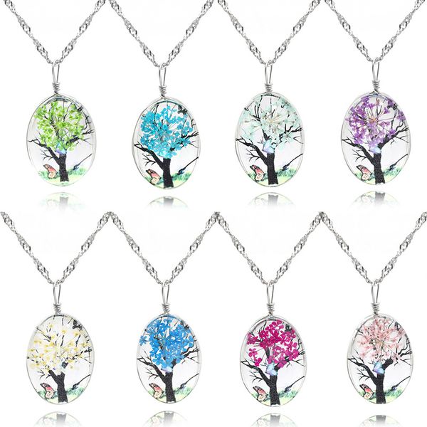 

2019 new glass tree necklace plant two side pendant vintage flower crystal necklace 8 colors fashion jewelry for gift, Silver