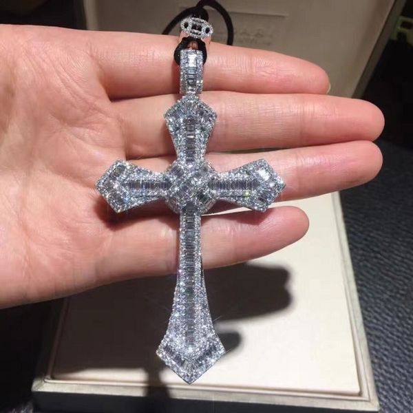 Handmade Real 925 Sterling Silver Colar Christianity Cross Pingentes com colares para mulheres Homens Luxo Fino Simulado Jóias de Diamante