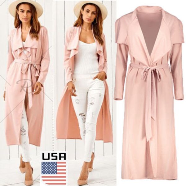 

2018 usa women's long sleeve cardigan open front draped solid strap lace up loose casual irregular hem trench, Tan;black