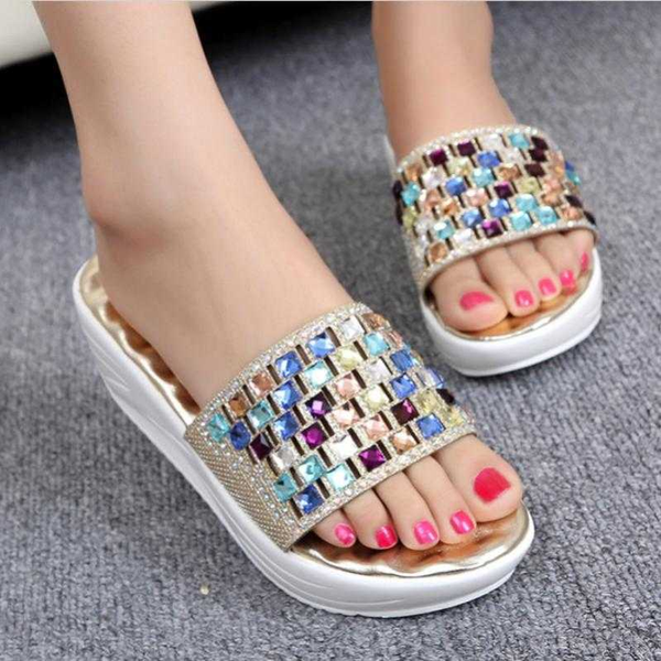 

slippers 6cm high heels women colorful rhinestone flip flops gold/silver crystal beach female summer open toe wedges, Black