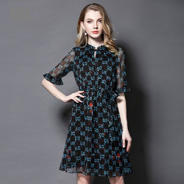 

wholesale upscale chiffon dresses girl middle aged women summer desinger plus size holiday fashion dress evening print wear casual, Black;gray