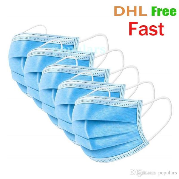 

50pcs disposable face masks 3-layers non-woven mouth non woven anti-dust anti-bacterial earloops breathing safety masks dhl