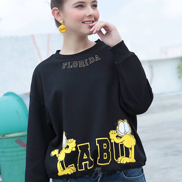 

women fashion sweatshirt designer labo cartoon letter print long sleeved tshirt casual pullover jumper blouse for women, Black