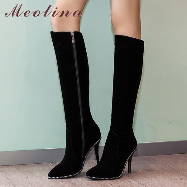 

meotina thigh high boots women knee high boots winter pointed toe heel fashion zip black lady long shoes plus size 9