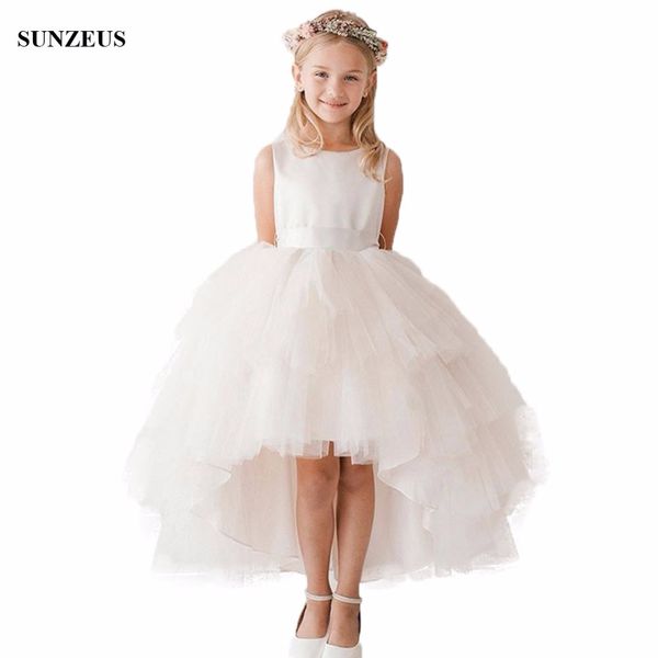 

high low flower girl dress short front long back wedding party gowns for chidren simple satin tulle kids dress flg054, Red;yellow