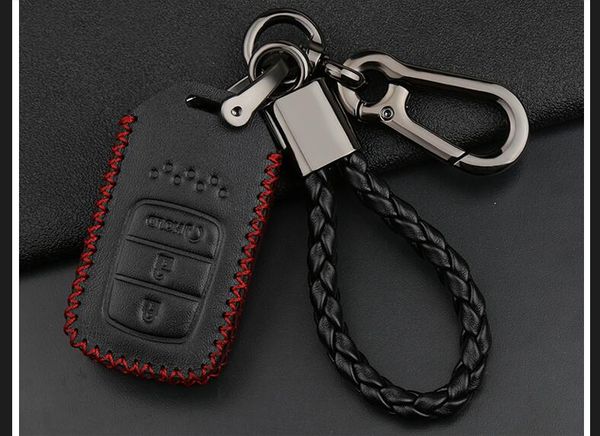 

car keychain leather key cover case 3 button for key chain ring cover case black / red keyring