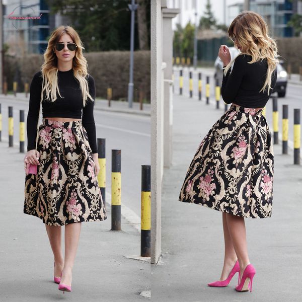 

letter summer women floral high waist skirt pleated ball gown skirt party club midi skater skirt, Black