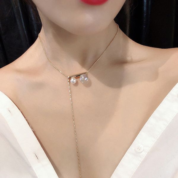 

summer jewelry fashion simple simulated pearl necklace long tassel pearl beads pendant necklace for women, Silver