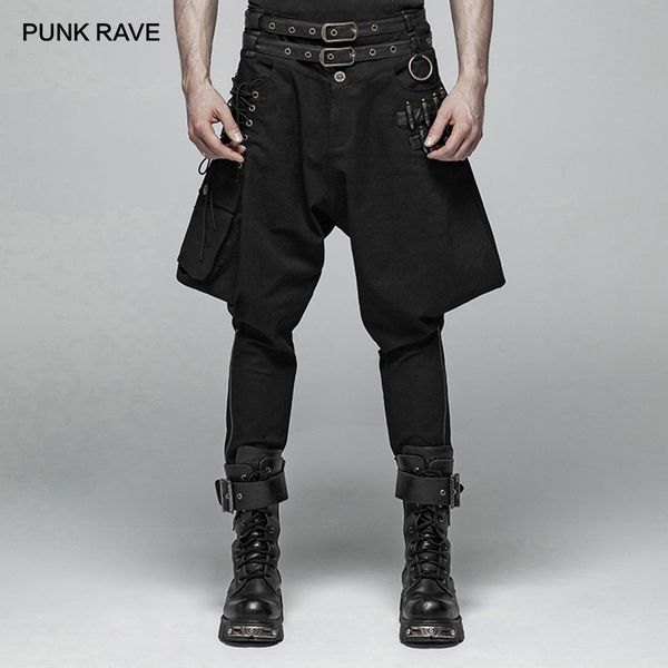 

punk rave men's steampunk rock long pants fashion handsome men big pocket pants street wear gothic harem, Black