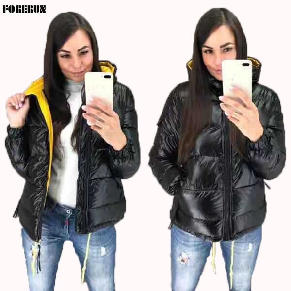 

forerun glossy women puffer jas fashion hooded winter park cato slender bomber jacket, Black