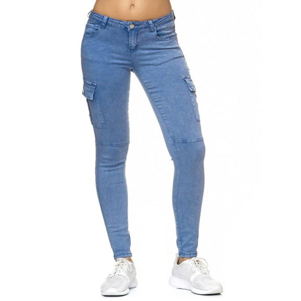 

spring women vintage jeans casual women pants jeans with side pockets plus size cargo pants trousers jogger pencil d25, Blue