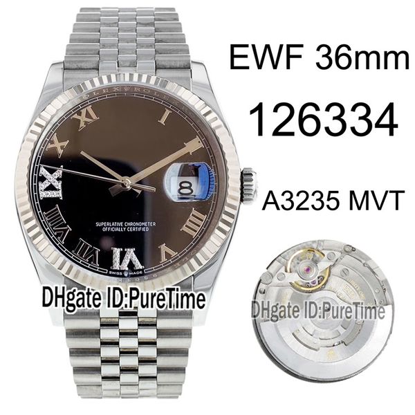

ewf datejust 36 126234 a3235 automatic mens watch fluted steel bezel black dial roman markers edition jubilee bracelet new puretime l12, Slivery;brown