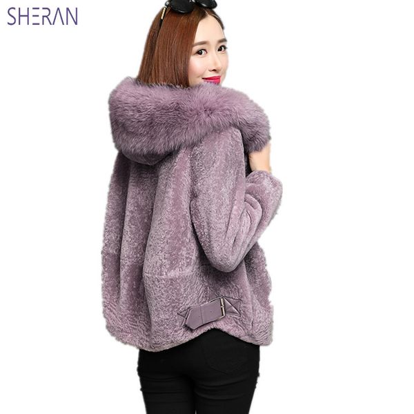 

ladies leather jackets faux fur coat female 2018 winter new faux hair collar short lamb sheepskin shear fur coat hooded, Black