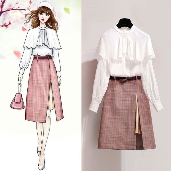 

spring autumn women england style ruffles back pearls button shirt+irregular split plaid skirt set ladies party slim suit z141, White