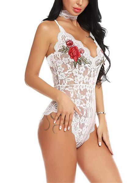 

women embroidery lace bustiers hollow out choker deep v neck romper pyjamas womens underwear, Black;white