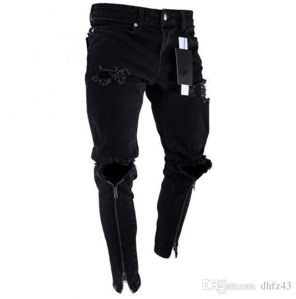 

mens zipper holes designer jeans black ripped slim fit represen pencil pants, Blue