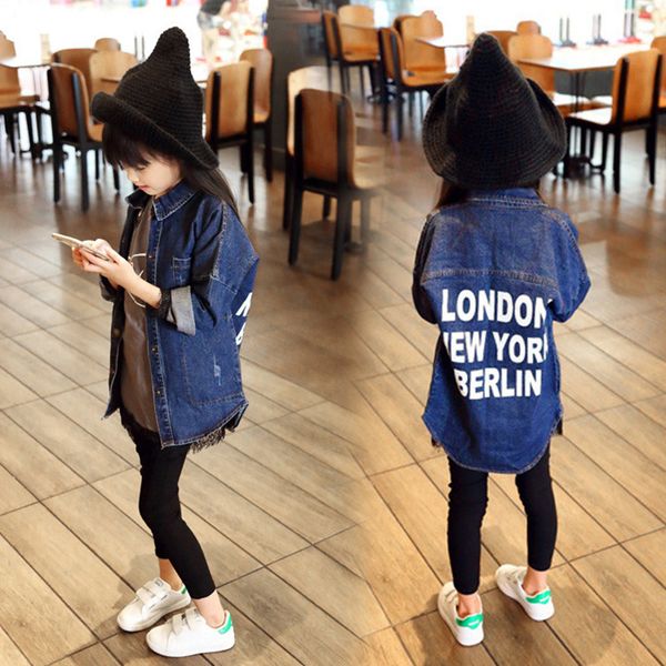 

autumn korean version jacket boy and girl cowboy children's wear denim cotton long trench coat fashion words print ct036, Blue;gray