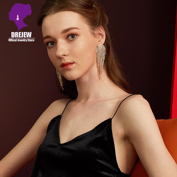 

drejew luxury gold silver long tassel rhinestone drop earrings high street fashion dangle earrings women wedding party jewelry, Golden