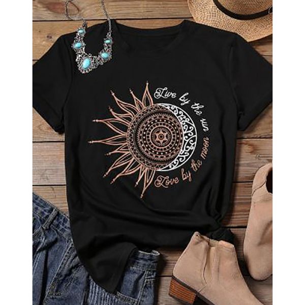 

2020 women casual fashion t-shirt letter sun moon print loose o-neck short sleeve elastic stretched tshirt summer new, White