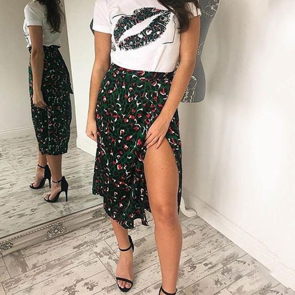 

summer beach vintage leopard printÂ bow tie split women high waist midi skirt 2019, Black
