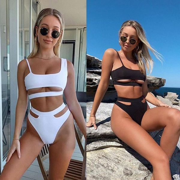 

high waist bikini solid color hollow split backless two-piece swimsuit beach swimming swimsuit women bathing suit, White;black