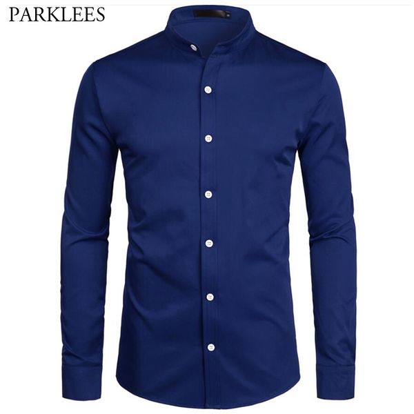 

navy blue shirts men casual slim fit men long sleeve business dress shirt band collar button down mens cloting masculina usa, White;black