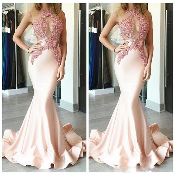 

sheer neck mermaid prom dresses lace applique prom gowns 2019 sleeveless beaded pink sweep train stain formal party evening, Black