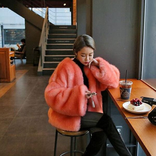 

stylish o neck long hairy shaggy faux fox fur short jackets winter woman loose sleeve loose faux fur coat outerwear, Black