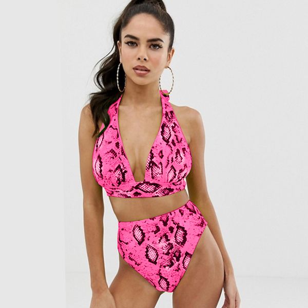 

2019 women halter snakeskin printed push up high waist brazilian bikini sets beachwear v-neck bathing suits